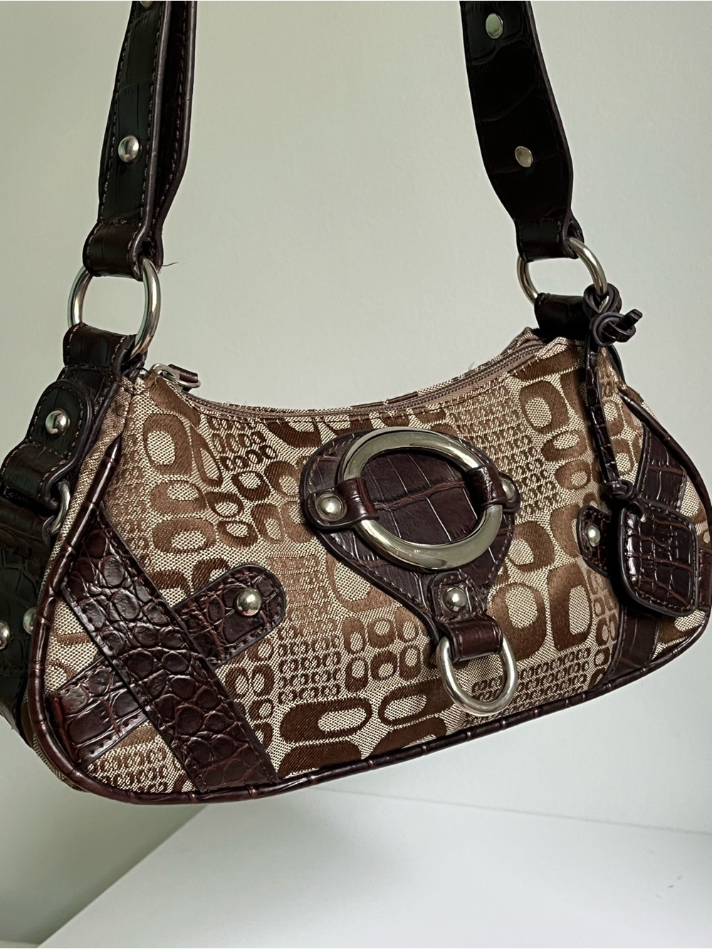 Y2K Brown Patterned Shoulder Bag Dark Brown Trim Designer Inspired Fall Purse